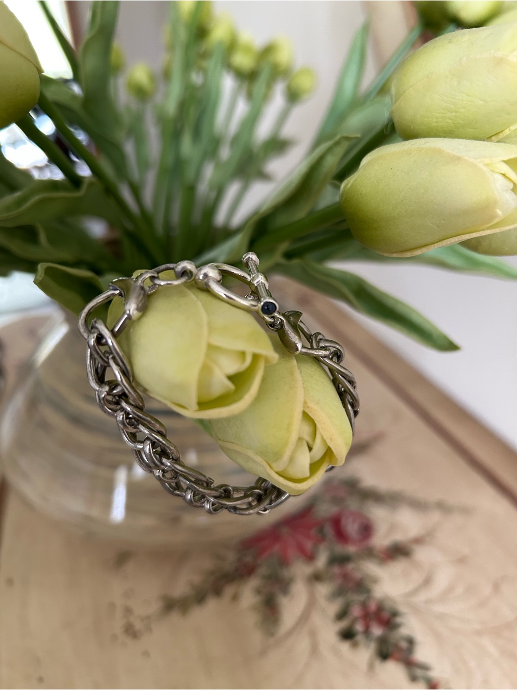 Vintage Sterling Silver Bracelet With Sapphire Cabachons And Toggle Clasp
